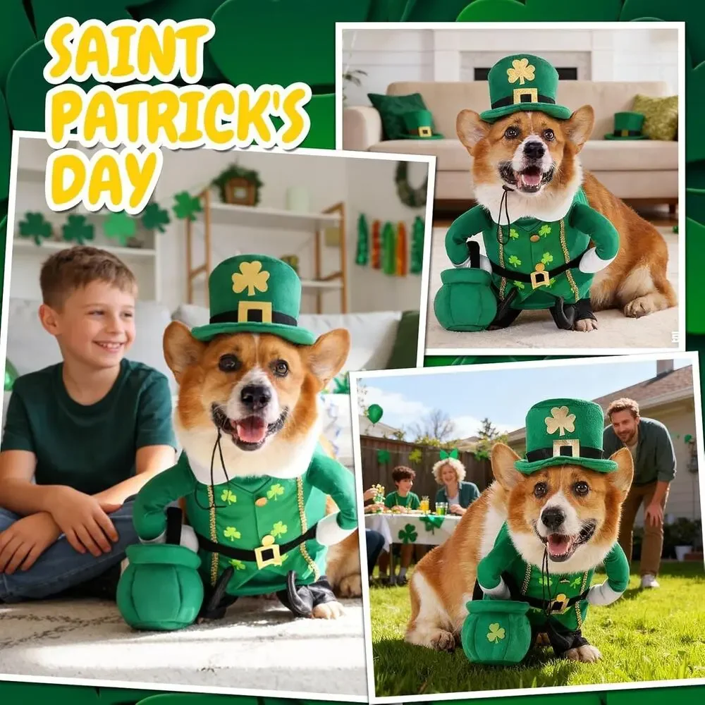 Leprechaun Dog Costume, 3 PCS Medium St Patrick’s Day Outfit w Hat & Gold Pot